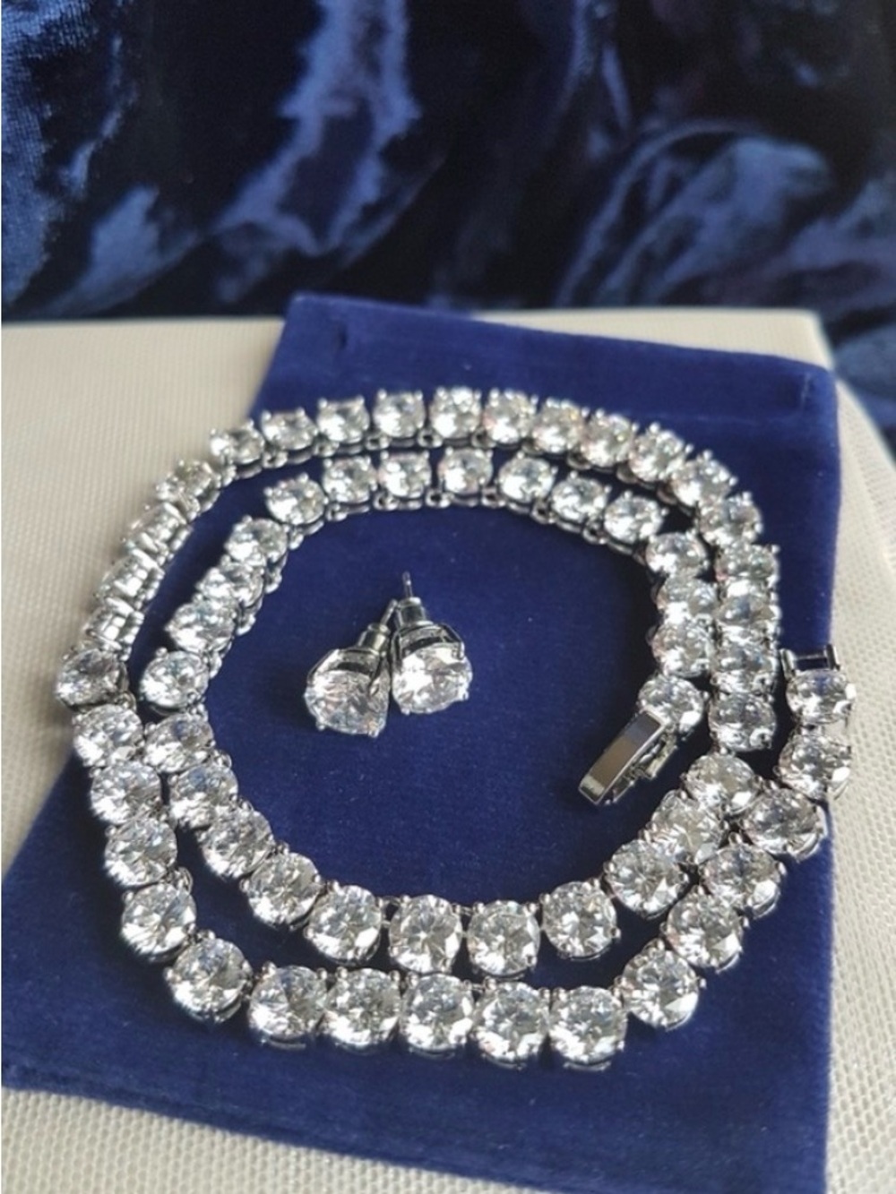 Swarovski Elements Platinum Round Tennis Statement Necklace & 2.0ct Studs NEW